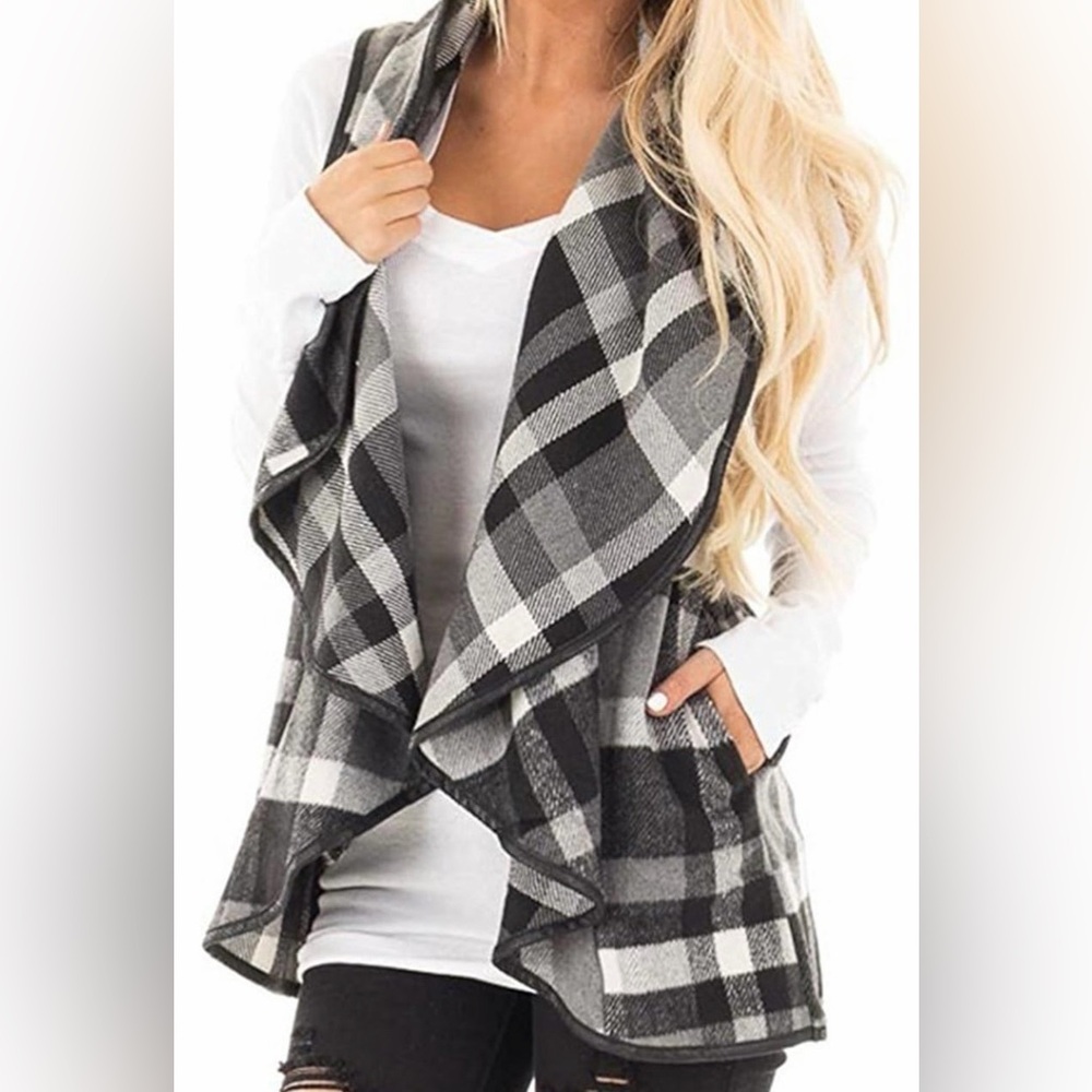 Plaid Vest Lapel Open Front Sleeveless Jacket with Pockets